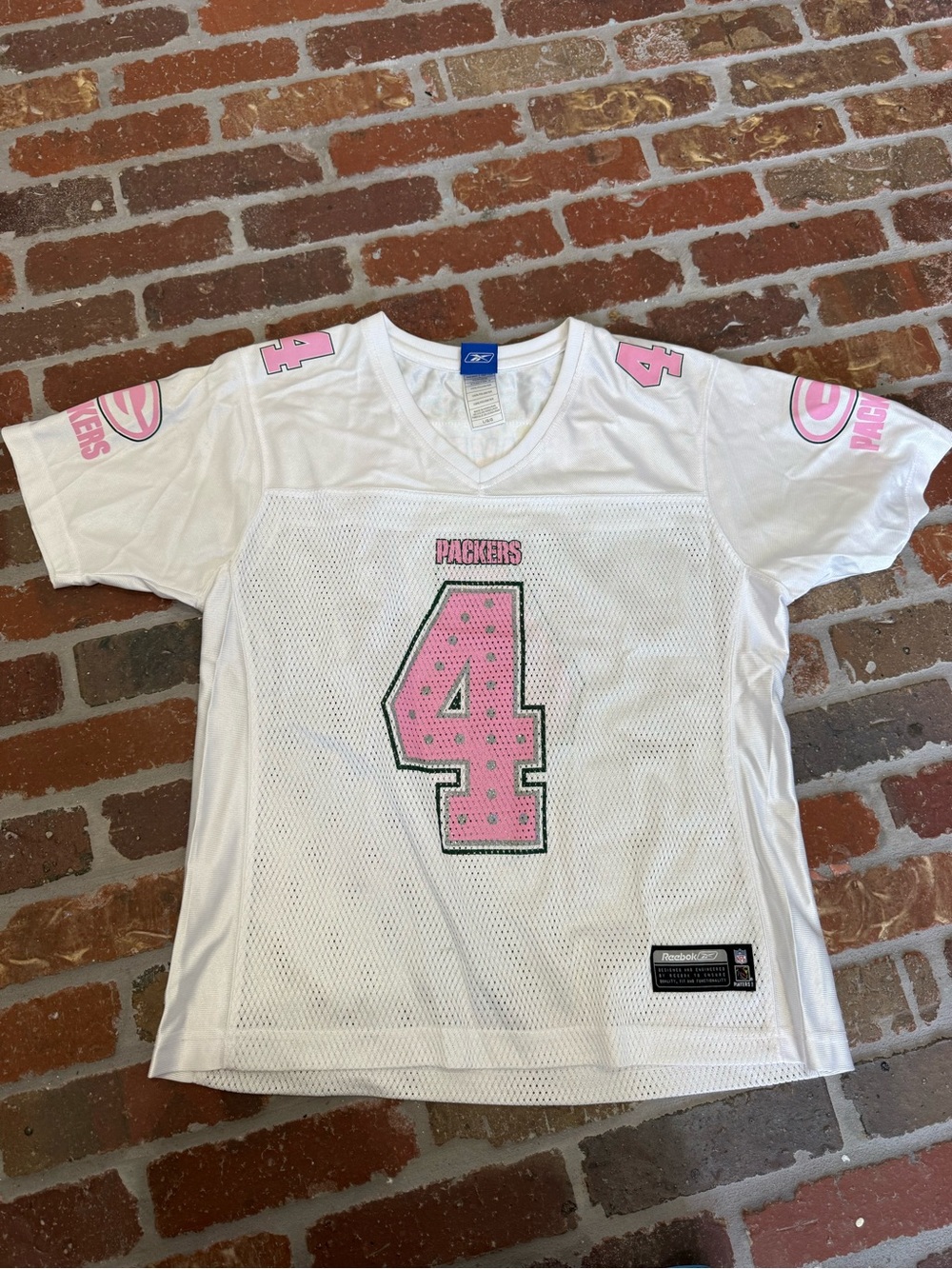 Reebok White Mesh Packers Jersey with Pink & Green Accents